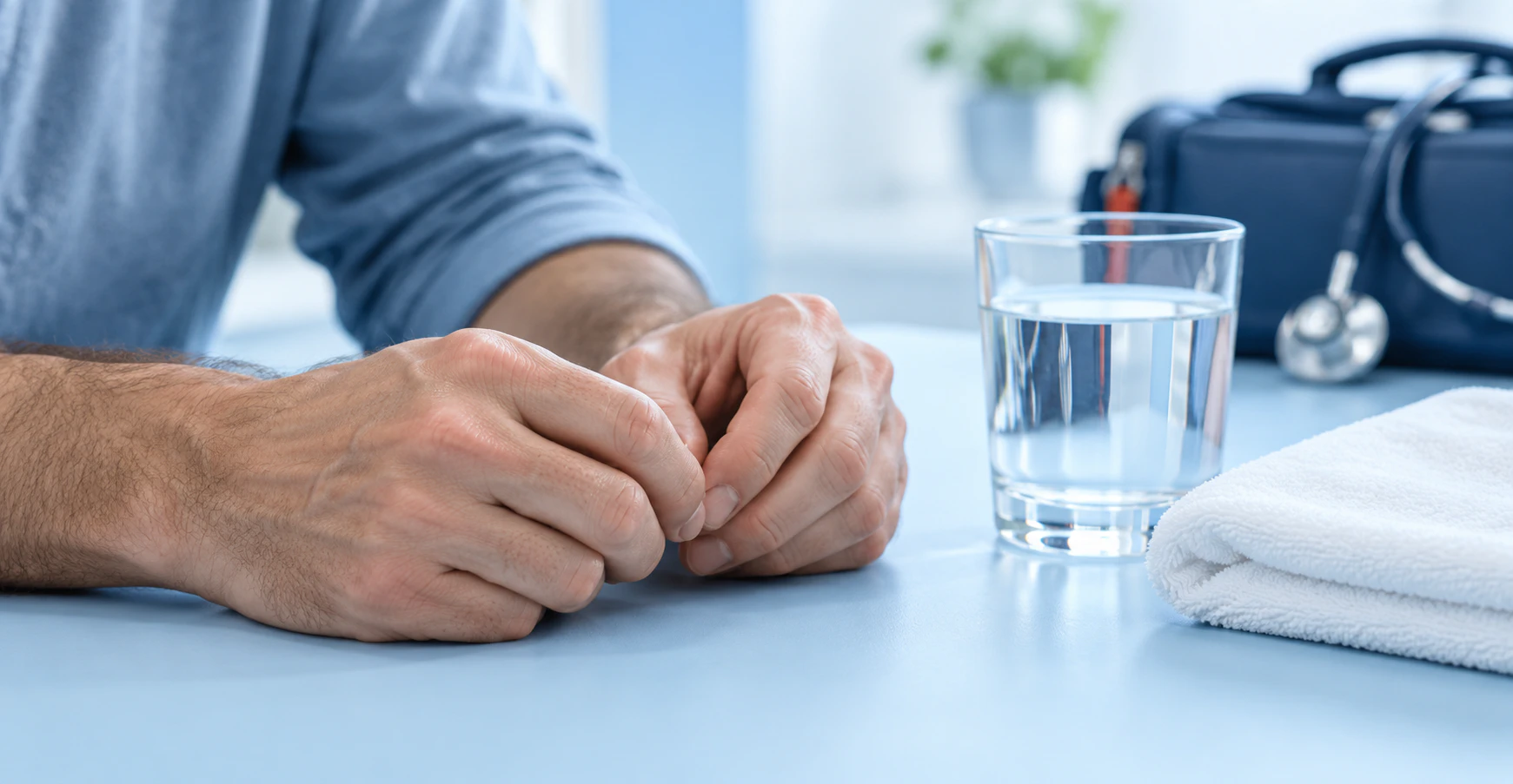 Напряжённо сцепленные руки мужчины рядом со стаканом воды и медицинской сумкой