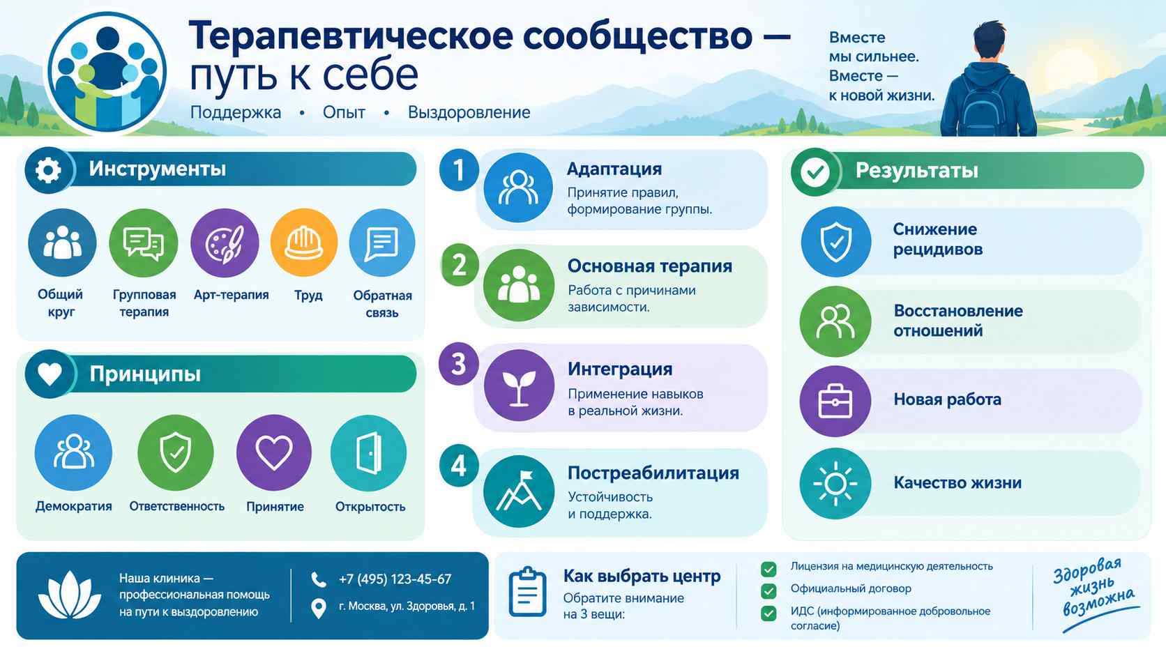 Инфографика: этапы лечения зависимости в терапевтическом сообществе — адаптация, терапия, интеграция и постреабилитация